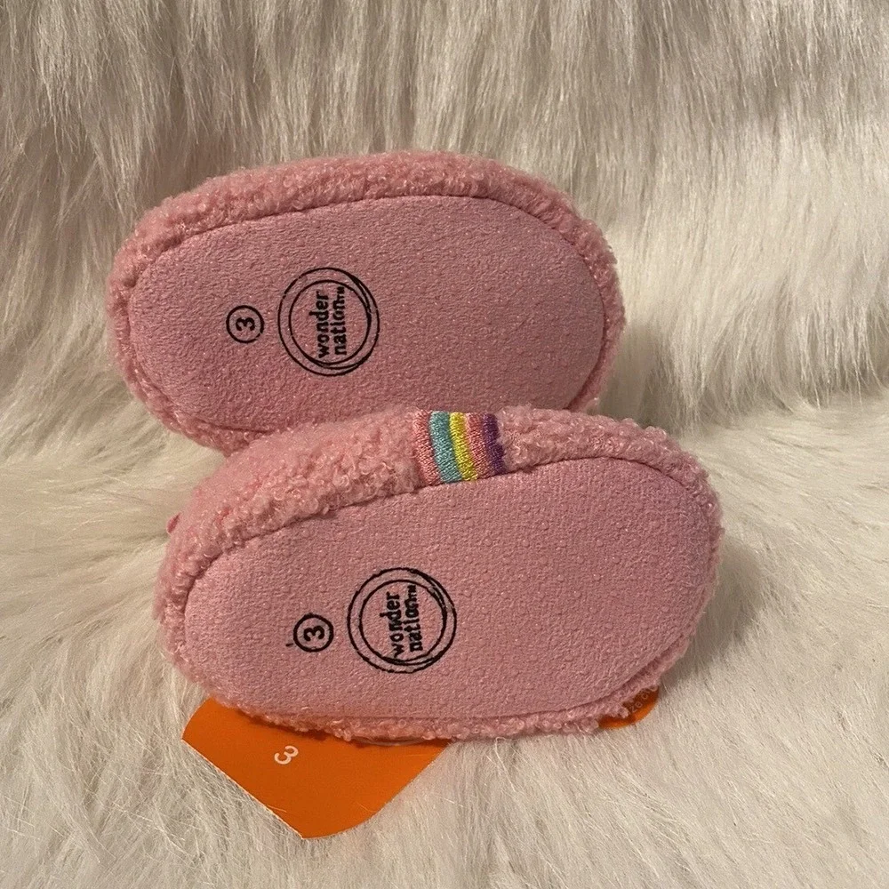 Wonder Nation Slippers Girls Size 3 Pink Fuzzy Rainbow Bootie Shoes 3-6 Months